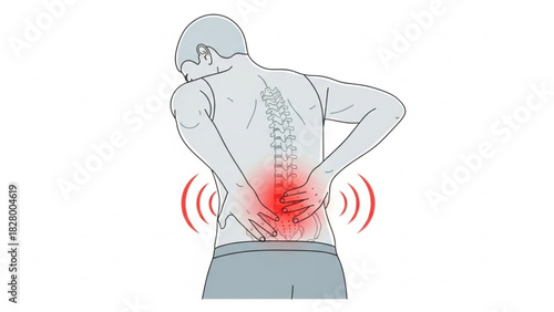Person experiencing lower back pain with hands on back and spine visible in illustration