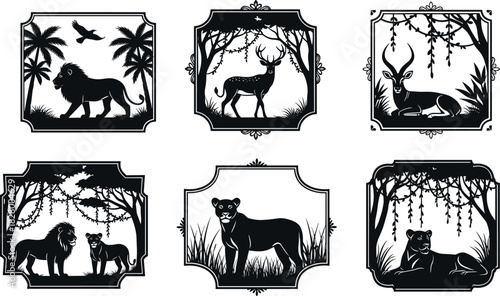 Wild jungle and savannah animal silhouettes featuring lions, deer, panther, antelope in decorative nature frames for wildlife vector art