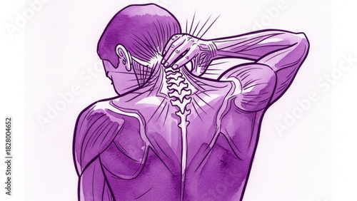 Illustration of a human figure with visible muscles and spine in a purple color scheme back view