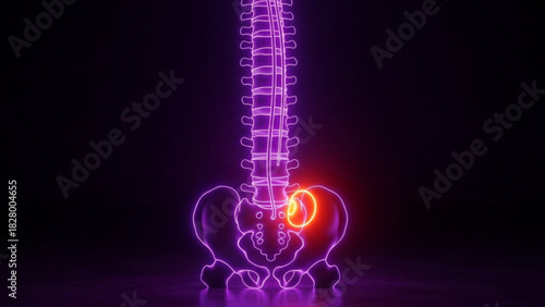 Neon spine and pelvis illustration with highlighted hip joint pain on a dark background image