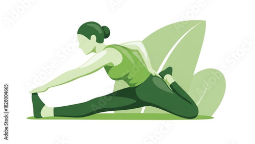 Woman in green sportswear doing a stretching exercise with large leaves in the background art