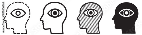 Four head profiles with eyes inside, representing different states of awareness or perception.