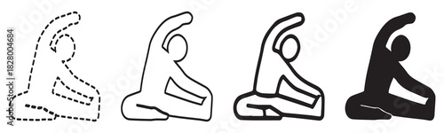 Four yoga pose icons in varying styles, showing a person stretching in a seated position.