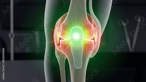 Anatomical knee joint illustration with green light indicating internal structure and medical context