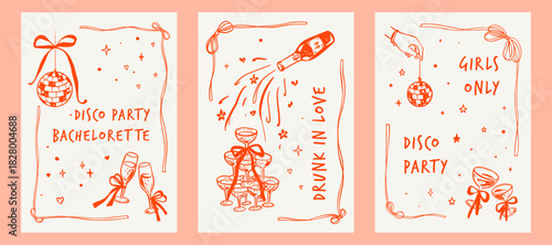 Hand drawn whimsical doodle bachelorette party poster. Bridal shower rectangle background with wavy bow ribbon frame. Girls disco invitation with mirror ball, champagne glass pyramid, cocktails