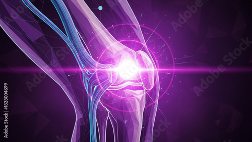 Illustration of a human knee joint with glowing effects and purple color scheme on a dark background