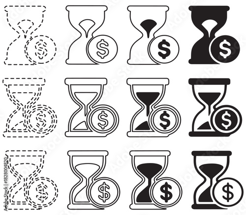 Hourglass and Dollar Coin Icons in Various Styles.