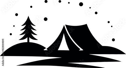 Silhouette of a tent and pine tree under a starry sky