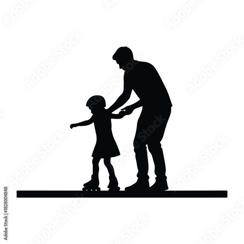 Adult guiding young child roller skating, a black silhouette capturing the essence of family bonding, learning, and outdoor recreational fun.