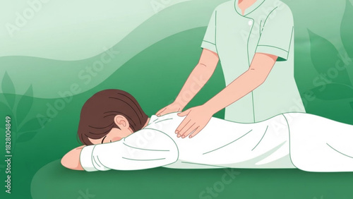Woman receiving a back massage from a therapist in a spa setting with a green background design element