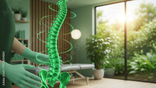 Green spine illustration with pelvic bone and hands in a spa environment with natural light shining through window