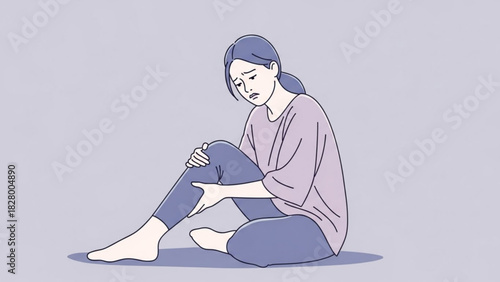 Illustration of a woman sitting on the floor holding her knee with a sad expression on her face