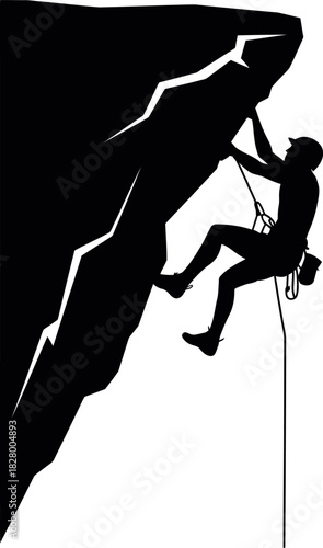 Silhouette of a climber ascending a steep rock face
