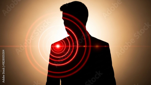 Silhouette of a man in a suit with red concentric circles emanating from his shoulder against a bright background