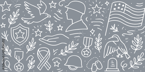 A line art illustration featuring patriotic symbols such as a soldier, flag, and dove.