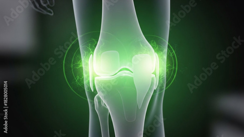 Illustration of a human knee joint with green glow and surrounding energy effects on a dark background