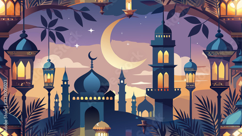 Illustration of a mosque with crescent moon above
