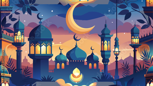 Illustration of mosque with moon and lanterns art