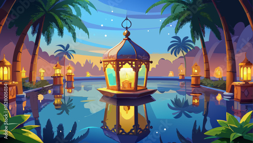 Lanterns illuminate a tranquil tropical evening