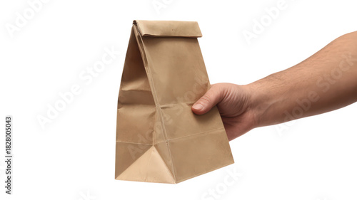 Hand holding a brown paper bag isolated on transparent background symbolizing convenience for food takeaway packaging and lunch featuring grocery delivery for business