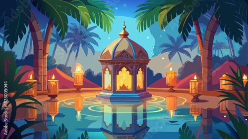 Lanterns lit in a tropical oasis at twilight time