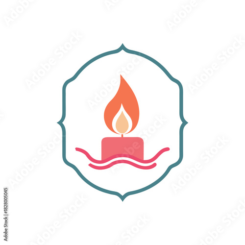 Simple vector graphic of a lit candle with a gentle flame, enclosed in a decorative retro frame, evoking warmth and tranquility