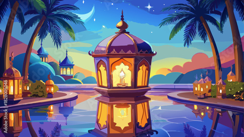 Lanterns illuminate a serene tropical landscape