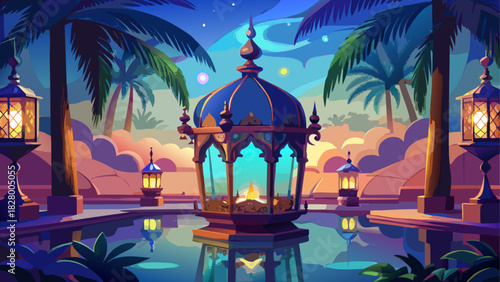 Illustration of a serene oasis with lanterns lit