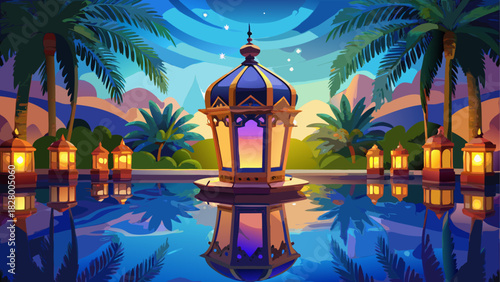 Lanterns reflecting in water at tropical oasis