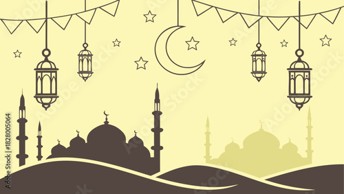 Illustration of mosque with lanterns and crescent