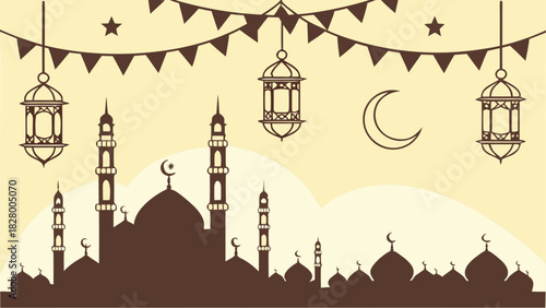 Silhouette of mosque with lanterns and crescent