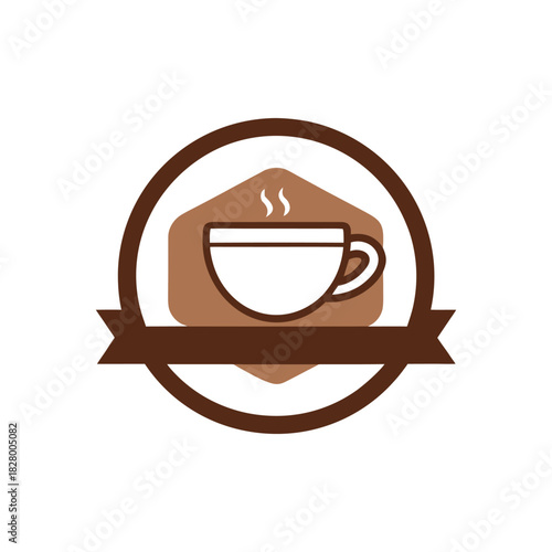 Coffee cup emblem with steam and ribbon banner, vintage style cafe or restaurant logo design element
