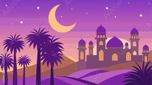 Illustration of mosque and palm trees at night