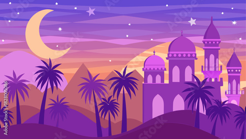 Cartoon mosque and palm trees at night landscape