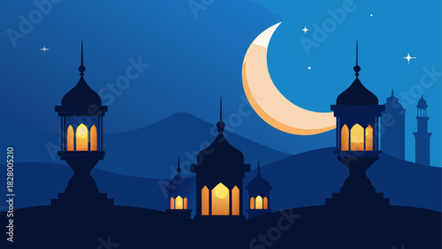 Illustration of mosque at night with moon and stars