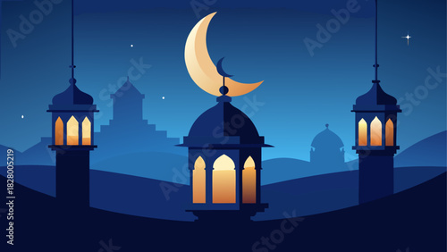 Night scene with moon and illuminated buildings