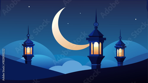 Illustration of lanterns and crescent moon at night