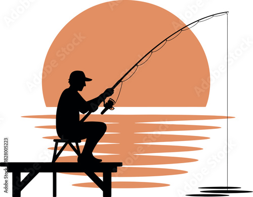 Silhouette of a man fishing at sunset on a pier
