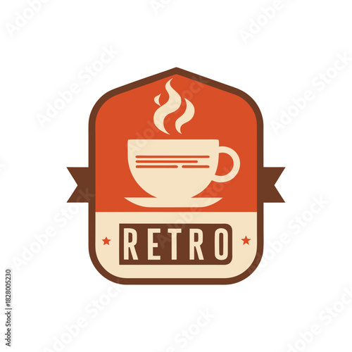 Classic retro espresso badge with a steaming coffee cup. A geometric label stamp shape for a vintage cafe logo or craft beverage sign