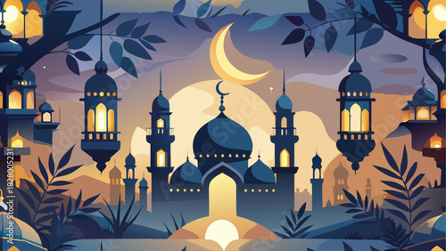 Illustration of a mosque with lanterns and moon