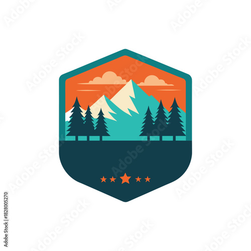 Vintage mountain range emblem design with forest and sunset sky. Retro wilderness travel logo for adventure and camping services