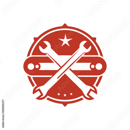 Vintage industrial emblem with crossed wrenches and a star. Circular craft badge logo for a mechanic workshop or repair service