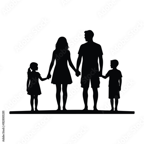 Family silhouette parents two children holding hands together. united bond love support childhood parenthood relationship connection graphic icon