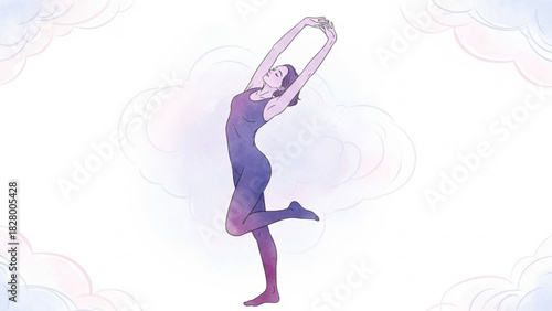 Woman in bodysuit stretching arms overhead against a dreamy cloud background in a watercolor style
