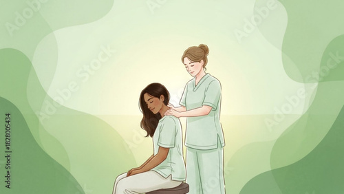 Woman receiving a neck massage from a therapist in a serene green background, seated comfortably on a stool