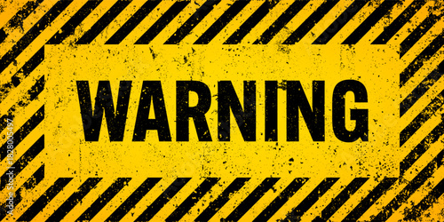 Warning sign with yellow and black diagonal lines. Attention, danger or caution symbol. Construction site signage, road safety notice, hazard banner, security alert shield. Vector illustration