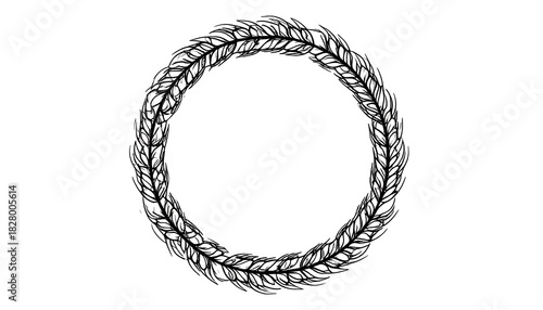 Circular wreath made of stylized leaves, sketched with fine lines on a clean white backdrop