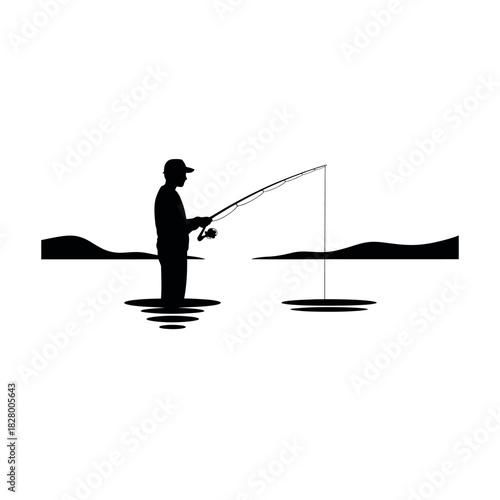 Silhouette of a fisherman casting a line in calm water
