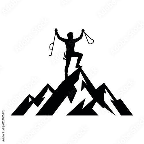 Silhouette of a triumphant climber celebrating victory atop a rugged mountain peak