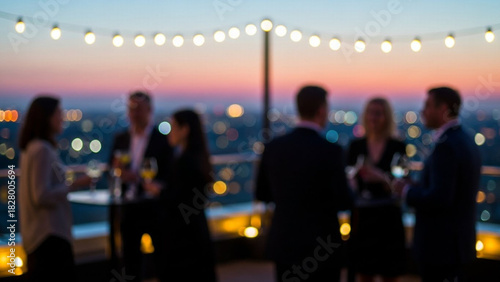 Blurred Rooftop Networking Event with String Lights at Dusk